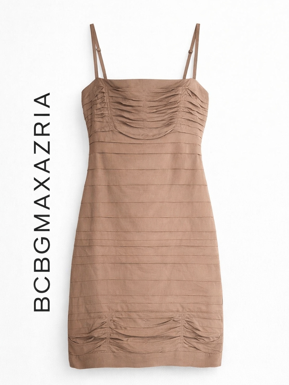 BCBG Max Azria Ruched Bodycon Mini Dress Neutral Taupe Gravel Size 8 Night Out